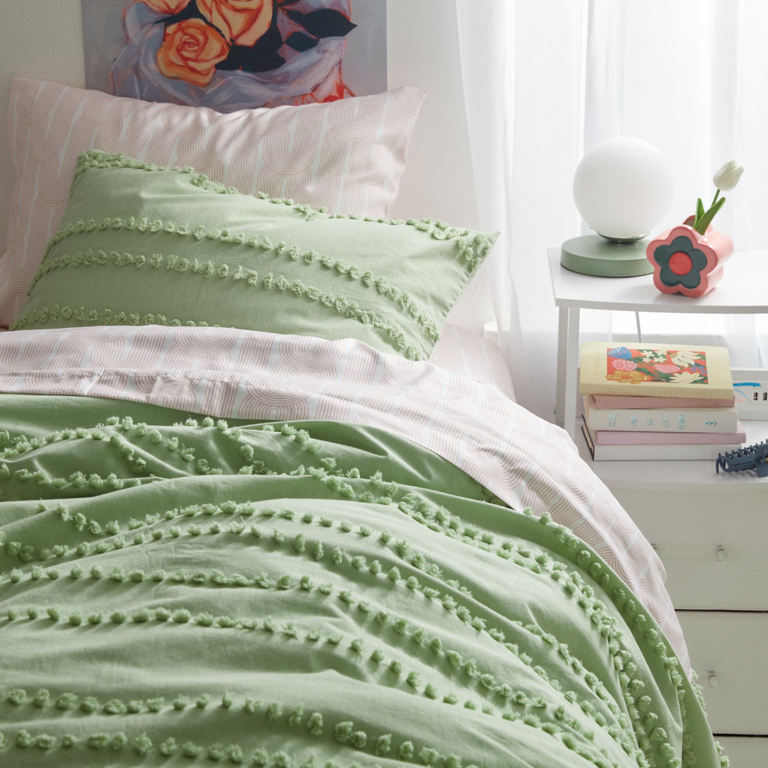 Dormify Pom Pom Stripe Comforter And Sham Set | Dorm Essentials - Sage ...