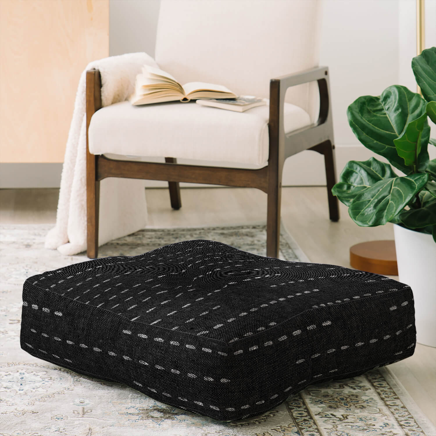 Patterned Square Floor Pillow | Dorm Essentials - Black - Dormify